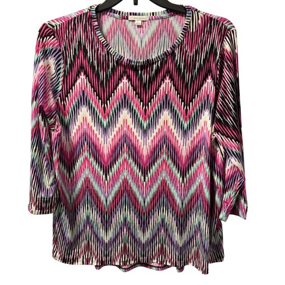 Erin London Womens Zigzag Pattern Top Sz L 3/4 Sleeve Polyester/Spandex - Picture 1 of 12
